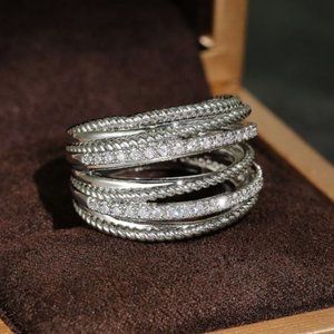 Sterling Silver Diamond Layered Wide Ring Band